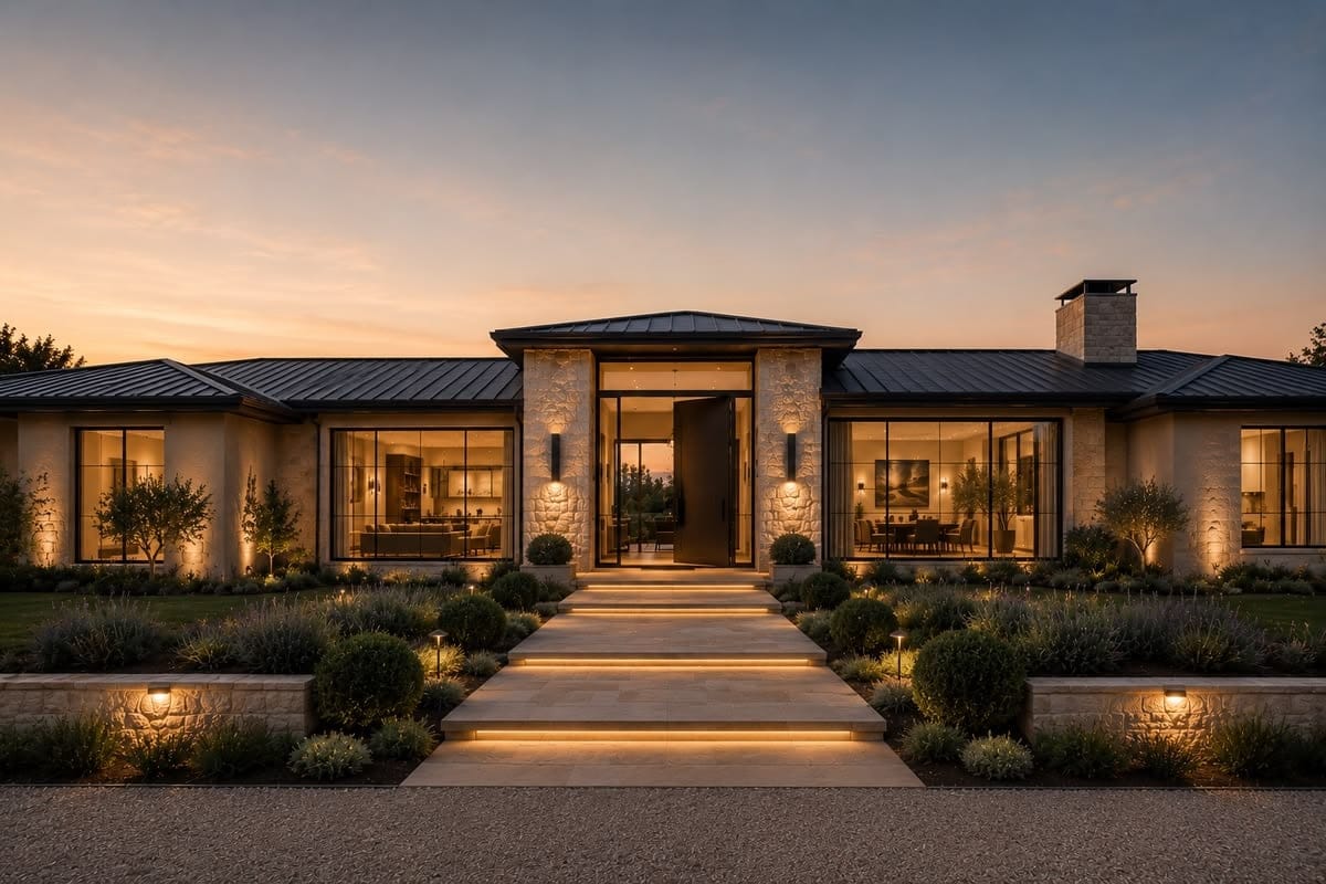 Entrada simétrica de una casa de piedra al atardecer, con el camino de losas iluminado hacia la puerta.
